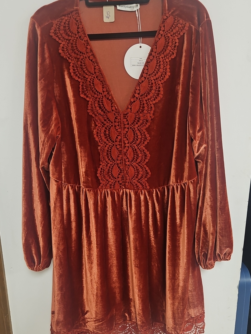 3 XL Velvet Crochet-Trim Long Sleeve Dress - Rust